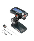 Three Channel Two Four GHz RC Transmitter With FS GR3E Receiver for cars, boats, trucks, and crawlers, shown with components