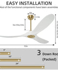 Diagram of 52 Inch Indoor Ceiling Fan with remote, brass finish, 3 balsa blades, 3 down rods for easy installation, quiet operation