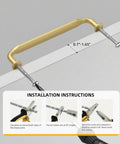 Brushed Brass Cabinet Pulls Seven And One Half Inch Ten Pack Zinc Alloy Solid Hardware for kitchens shown with installation guide.