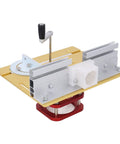 Premium Manual Router Lift System Featuring Heavy Duty Aluminum And Stainless Steel Construction For Dead Nuts Accuracy And Slick Table Operation Crafted For Hardcore DIY Woodshop Upgrades, showing adjustable height lever and aluminum base.