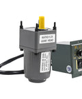 Front view: AC gear motor, 15W 110V, 1:25 gear head with speed controller; gray housing, yellow output shaft.