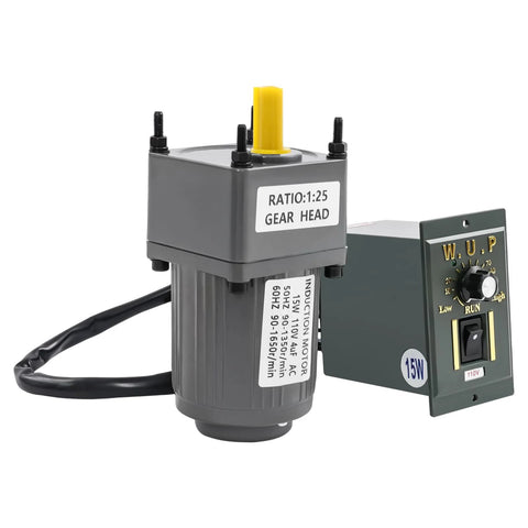Front view: AC gear motor, 15W 110V, 1:25 gear head with speed controller; gray housing, yellow output shaft.