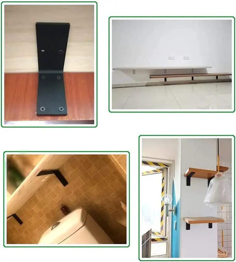 Tough As A Nail Wall Mounted Shelf Brackets Heavy Duty Angle Corner Brackets Two Pack showing installed brackets with wood shelves.