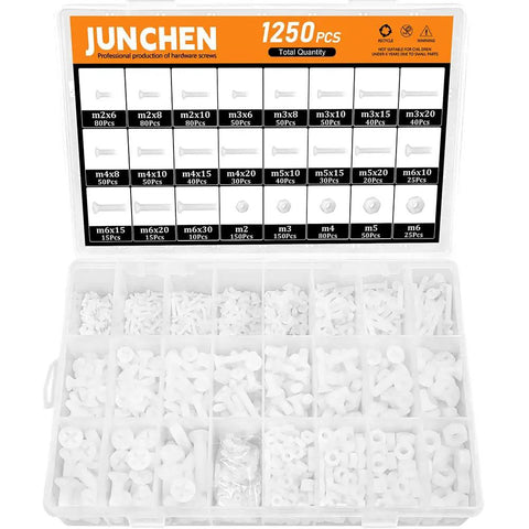 Knockout 1250 Piece White Nylon Phillips Bolt And Nut Assortment Kit For Smooth Pcb Wiring Featuring Tough As Nails M2 Through M6 Metric Threads And Flush Heads in organized storage case.