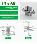Diagram and specifications of Two Pack Hidden Hinge Set For Wooden Box Stainless Steel Concealed Barrel Hinges with 180-degree folding.