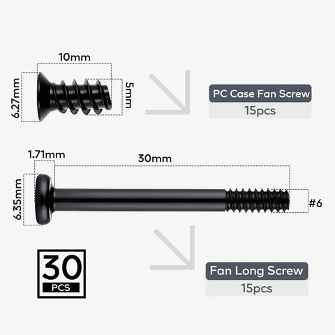 Badass 30Pc PC Fan Screws Kit For Rock Solid Computer Cooling And Radiator Mounts Crafted From Rustproof Stainless Steel. 15 short and 15 long screws.