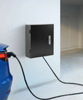 Badass Heavy Duty Wall Mount EV Charger Lock Box With Dial Combo Padlock And Slick Black Cold Rolled Steel Anti Theft Security Case For 19 Inch Charging Gear attached to wall with EV charging cable.