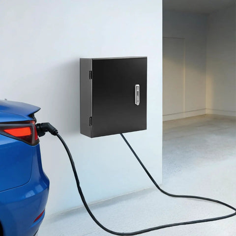 Badass Heavy Duty Wall Mount EV Charger Lock Box With Dial Combo Padlock And Slick Black Cold Rolled Steel Anti Theft Security Case For 19 Inch Charging Gear attached to wall with EV charging cable.