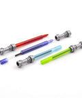 LEGO Star Wars Lightsaber Gel Pen Set 4 Pack with colorful ink and detailed hilt designs, caps removed, on a white surface.