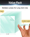 Ten Pack Front Cover Replacement Lenses For Welding Helmets Model 770237, polycarbonate material, shown in hand for size.
