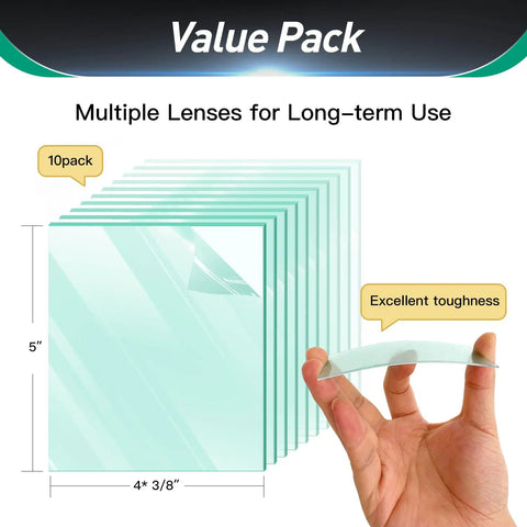 Ten Pack Front Cover Replacement Lenses For Welding Helmets Model 770237, polycarbonate material, shown in hand for size.