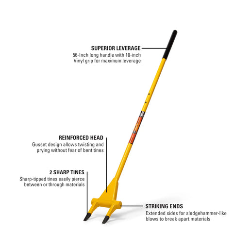 Demolition Fork Wrecking Pry Bar 56 Inch Two Sharp Tines Multipurpose Tool For Flooring Siding Trim Drywall Roofing And Decking Heavy Duty Pry Bar For Smash Pry And Scoop Jobs On The Jobsite, highlighted features