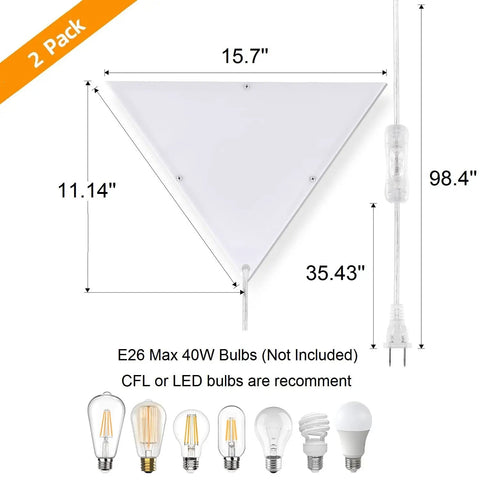 Triangle Corner Light With Switch, Plug In Ceiling Lamp For Dark Corners, White Acrylic, 2 Pack, dimensions and bulb options shown