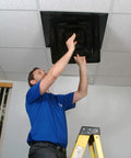 Person installing Lay In 2x2 Ceiling Diffuser With 3 Cone Supply And 8 Inch Pre Molded Boot In ABS Plastic Black