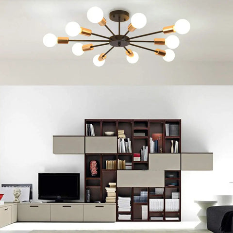 Interior view of Dope Sputnik Ceiling Light Semi Flush Mount 10 Light E26 Base Modern Black And Gold Chandelier over bookshelf.