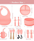 Silicone Baby Feeding Set 13Pc Kit With Suction Bowl Plate Spoons Forks Bib Cup Toothbrush LED Weaning Supplies For 6 Months Plus Pink Must Have Kid Friendly Mess Free, showing product sizes and details.