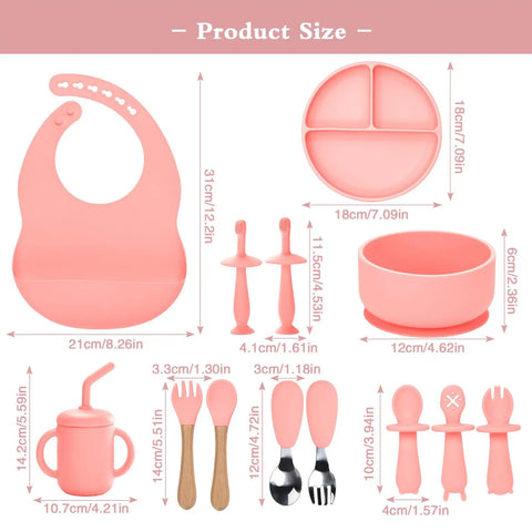 Silicone Baby Feeding Set 13Pc Kit With Suction Bowl Plate Spoons Forks Bib Cup Toothbrush LED Weaning Supplies For 6 Months Plus Pink Must Have Kid Friendly Mess Free, showing product sizes and details.
