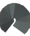 Five Pack Premium Waterproof Sandpaper Sheets For Wet And Dry Use arranged in a circular pattern, showcasing various dark colors.