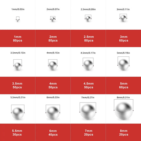 Premium Stainless Steel Precision Ball Bearing Set With 620 Pieces 12 Sizes 1mm 2mm 2.5mm 3mm 3.5mm 4mm 4.5mm 5mm 5.5mm 6mm 7mm 8mm Rust Proof Corrosion Resistant With Handy Tweezers Included Great For RC Models Repairs And Mechanical Projects size chart