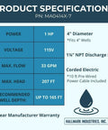 Hallmark MA0414X-7 deep well submersible pump specifications: 1 HP, 115V, 33 GPM, 207 ft head, 4" diameter.