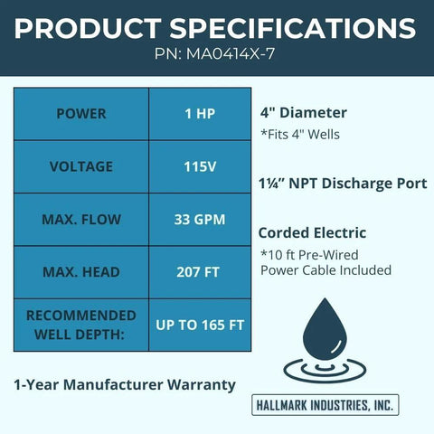 Hallmark MA0414X-7 deep well submersible pump specifications: 1 HP, 115V, 33 GPM, 207 ft head, 4" diameter.