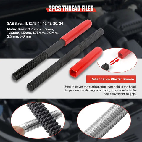 Thread Chaser Set 48 Piece Heavy Duty Pro Grade Thread Repair Tool Kit For UNC UNF And Metric Threads Including 24 Dies 22 Taps And 2 Thread Files With Detachable Cap Anti Rust Rethreading Kit, focusing on red and black thread files with detachable plastic sleeve