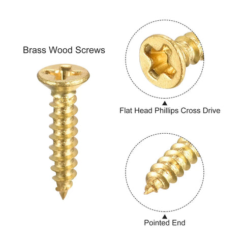 Close-up of 100 Count Brass Wood Screws M2 By 10mm Phillips Flat Head Self Tapping Fasteners showing flat head and pointed end.