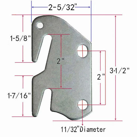 Heavy Duty Size Ten Bed Rail Hook Plates Hella Tough 13 Gauge Steel Connectors with measurements for accurate installation.