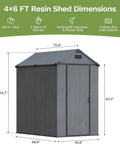 4x6 Foot Plastic Outdoor Storage Shed With Floor Lockable Door Vents UV Resistant Resin Durable Backyard Garden Shed For Lawn Mower And Gear Dark Grey, showing shed dimensions and installation details