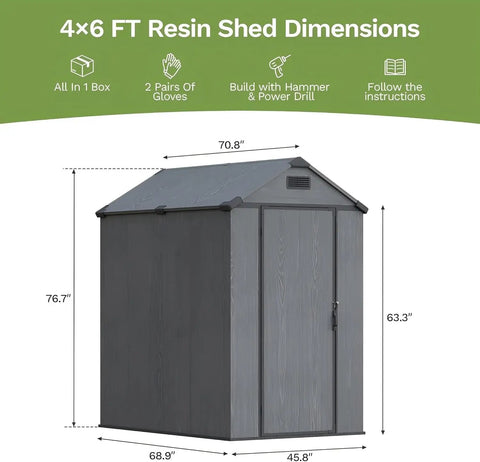 4x6 Foot Plastic Outdoor Storage Shed With Floor Lockable Door Vents UV Resistant Resin Durable Backyard Garden Shed For Lawn Mower And Gear Dark Grey, showing shed dimensions and installation details