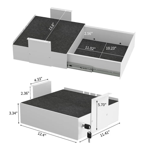Spacious Under Desk Drawer Featuring Silky Slide Out Rails And A Rock Solid Side Lock Heavy Duty White Steel Organizer with measurements.