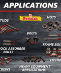 Various metal bolts, nuts, and fasteners on dark background with Dynatex logo, labeled for applications with Red Hi Temp Threadlocker 36 Ml Bottle For Metal Fasteners Heavy Duty Locking Adhesive That Stays Put Under High Heat Ideal For Automotive Machinery And Diy Projects 1 Ea.