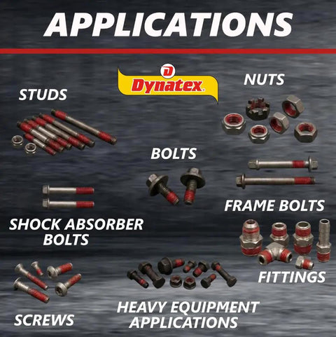 Various metal bolts, nuts, and fasteners on dark background with Dynatex logo, labeled for applications with Red Hi Temp Threadlocker 36 Ml Bottle For Metal Fasteners Heavy Duty Locking Adhesive That Stays Put Under High Heat Ideal For Automotive Machinery And Diy Projects 1 Ea.