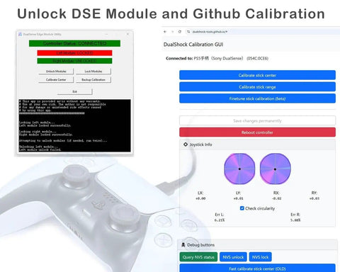 4 Pack TMR Joystick Replacement Kit For PS5 And Edge Controllers With GUI showing calibration tools and DualShock controller