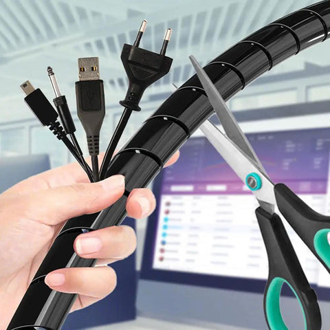 Spiral Cable Wrap 1/2 Inch Black, 23 Ft Long Wire Organizer shown with cables and scissors in a tech setup