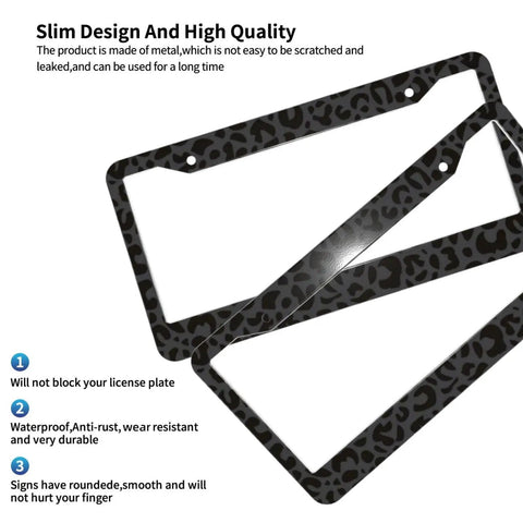 Leopard Print License Plate Frame And Steering Wheel Cover Set For Cars, slim design aluminum plate frame, leopard pattern