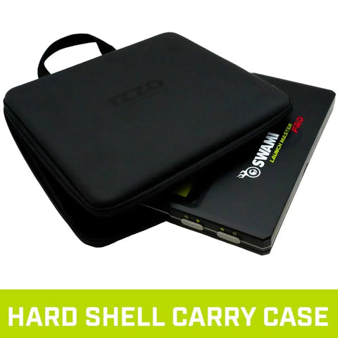 Swami Launch Master Pro Golf Launch Monitor With Doppler Radar Real Time Swing And Ball Data Suite next to hard shell carry case