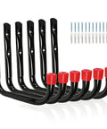 Top Tier Heavy Duty Steel Garage Hooks Wall Mounted Tool Storage Rack For Ladders Bikes And Yard Gear, black finish with red caps, six hooks.