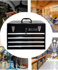 Heavy Duty Metal Tool Box With Four Drawers Portable Steel Chest With Lock And Latch Closure Black And Red Powder Coat Ideal For Garage Shop Warehouse And Outdoor Jobs shown in various work environments.