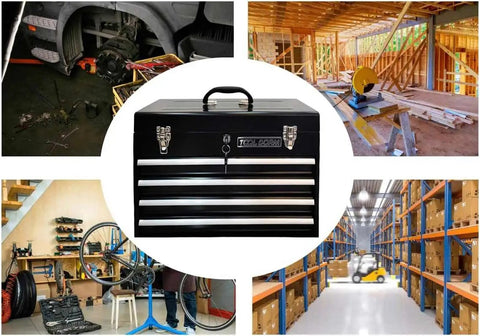 Heavy Duty Metal Tool Box With Four Drawers Portable Steel Chest With Lock And Latch Closure Black And Red Powder Coat Ideal For Garage Shop Warehouse And Outdoor Jobs shown in various work environments.