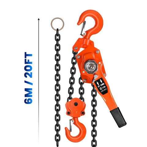 6 Ton Manual Lever Chain Hoist With 20 Ft Lift Height Heavy Duty Come Along Winch Dual Pawl Brake in orange and black