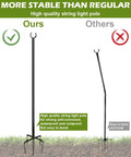 Comparison of two string light poles, ours with 5-prong base, upright in soil, others bent, Heavy Duty Outdoor String Light Pole Stand 10 Feet For Garden Lawn Patio Keeps Hanging Lights Upright In Grass Or Soil Wind Resistant Design Ideal For Christmas Decor Weddings Parties 2 Pack
