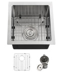 Top view of Heavy Duty 16 Gauge Stainless Steel Undermount Bar Sink 13 Inch By 15 Inch Exterior, interior grid and drain accessories