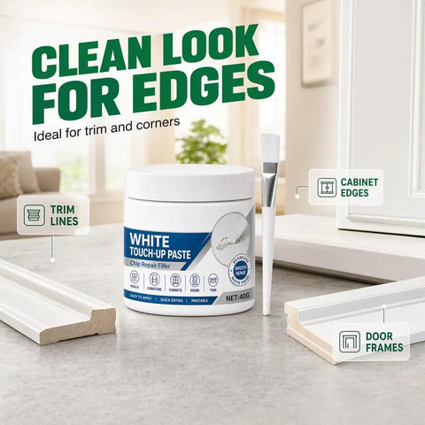 White Touch Up Paste With Brush Kicks Scratches To The Curb Fast Furniture And Wall Repair Putty seals holes for trim and corners.