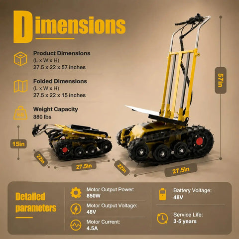 Beast Of A Foldable Electric Stair Climber Dolly For Stairs And Floors, 360 Degree Turn, Heavy Lifting Up To 880 Lbs, Long Life Battery, 850W Motor, Removable 48V Lithium Battery, Fast Charge, Low Energy Consumption dimensions chart