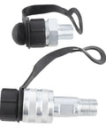 Badass Heavy Duty Hydraulic Quick Connect Coupler M16 X 15 Self Locking Check Valve Cr Plated Steel High Pressure Hose Fitting 70MPa Two Stage Seal Leak Proof Top Shelf Build For Job Sites That Need Grip And Power Zero Hassle With No Mess No Stress. Two couplers with dust caps
