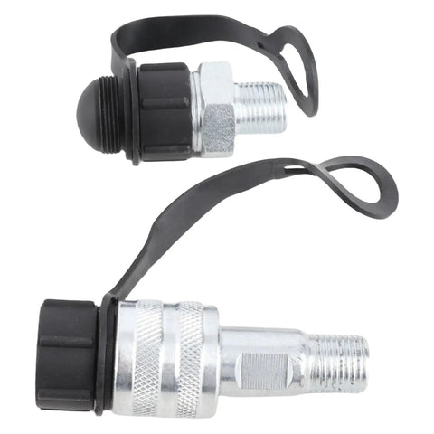 Badass Heavy Duty Hydraulic Quick Connect Coupler M16 X 15 Self Locking Check Valve Cr Plated Steel High Pressure Hose Fitting 70MPa Two Stage Seal Leak Proof Top Shelf Build For Job Sites That Need Grip And Power Zero Hassle With No Mess No Stress. Two couplers with dust caps