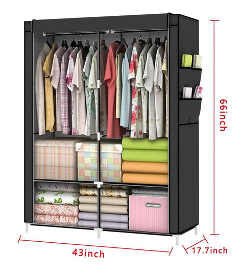Space Saving Portable Wardrobe Closet With 43 Inch Frame Non Woven Cover Two Hanging Rods And Dual Storage Shelves In Brown Quick And Easy Assembly For Clothes Organization, shown with clothes and accessories.