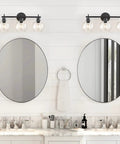 Super Stylish Modern Black Three Light Vanity Lights With Clear Glass Globe Shades Rust Resistant Matte Finish Bathroom Wall Sconce Over Mirror