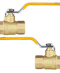 Two Pack Three Quarter Inch FIP Threaded Ball Valve Set With Brass Full Port Shut Off, Three Quarter Inch Female NPT Connections, Yellow Handle